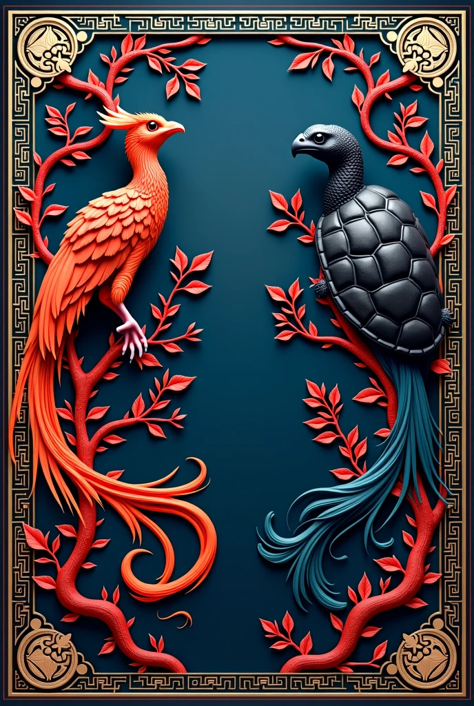 Indigo background, vermilion ancient patterns of Heavenly Stems and Earthly Branches, smooth and beautiful lines, red phoenix and black tortoise symmetrically depicted on both sides, surrounded by a border of Tai Sui images in gold and silver, noble and mysterious