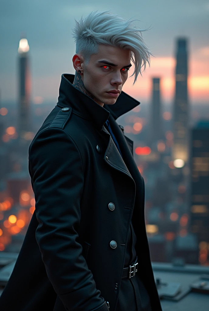 Create a my hero academia character,
This character is a young man. ,white hair color ,red eyes,with a wolf cut hairstyle,her attire is a black trench coat,black gloves and tattoos on her neck