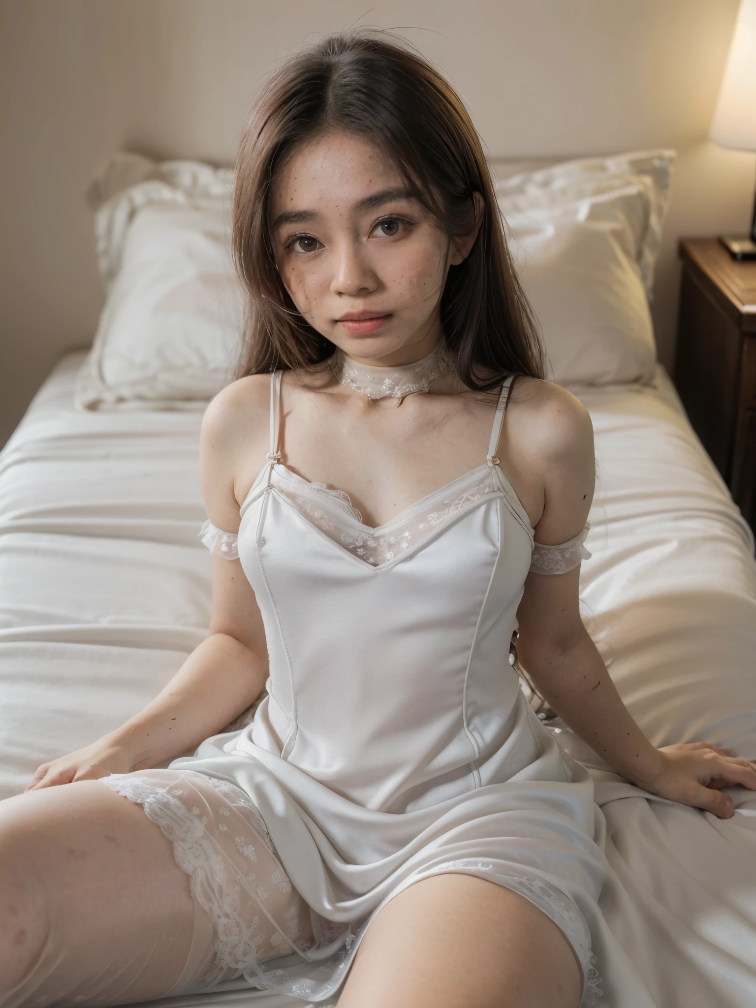 (((CUTE MALAY GIRL))), masterpiece, High quality, UHD 32K, Realistic face, Realistic skin human feeling , A Japanese Lady, 8 , ((layered hair with pony)), Very cute and baby-like face, (MATRIX WORLD), ((SADNESS)), (((WHITE))), (((CUTE GIRL))), ((WEARING LINGERIE DRESS)) SATIN FLORAL PATTERN, straddle in bed, perfect fullbody, Red Lips,