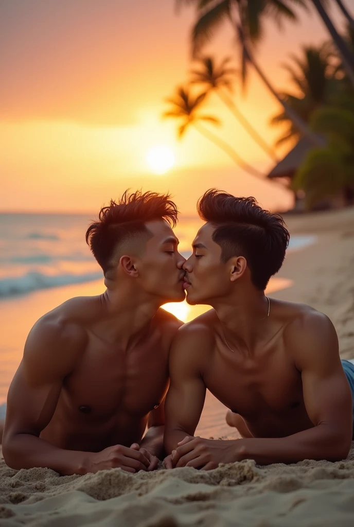 2 young Asian men , Muscular figure , bare, Straddling , Plug in the back, full body, Lie on your back. , hug and kiss , big penis, bareมีจู๋, fit , Has abs, Beachfront