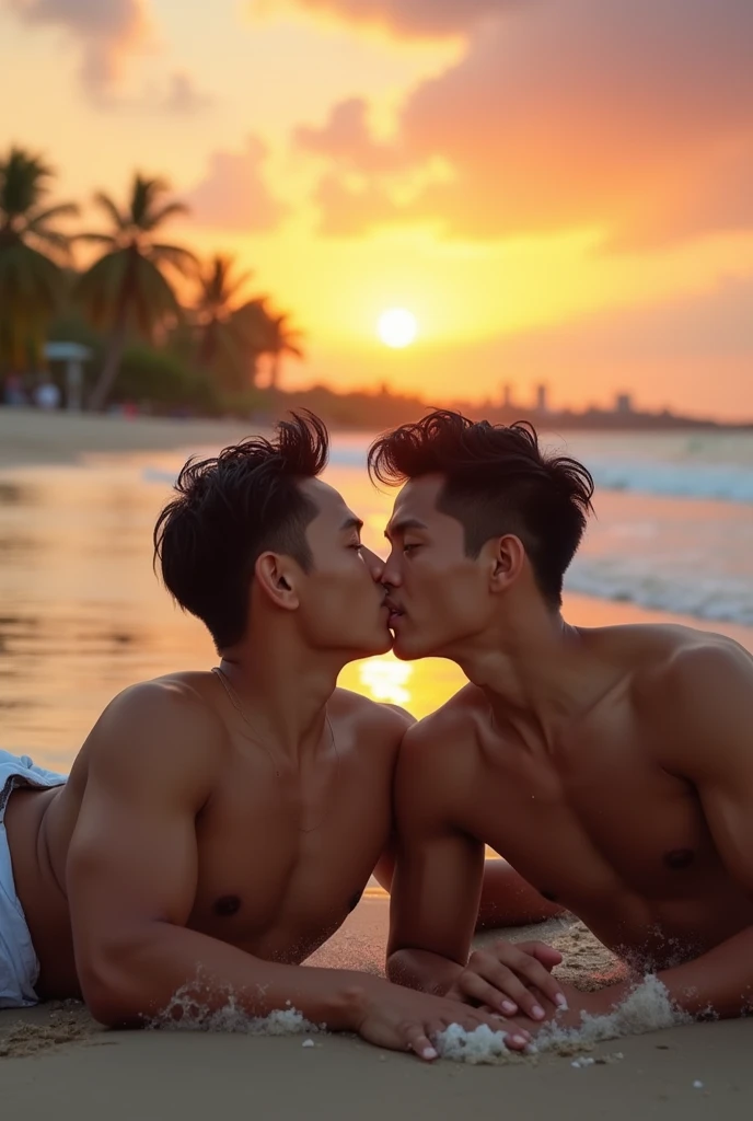 2 young Asian men , Muscular figure , bare, Straddling , Plug in the back, full body, Lie on your back. , hug and kiss , big penis, bareมีจู๋, fit , Has abs, Beachfront