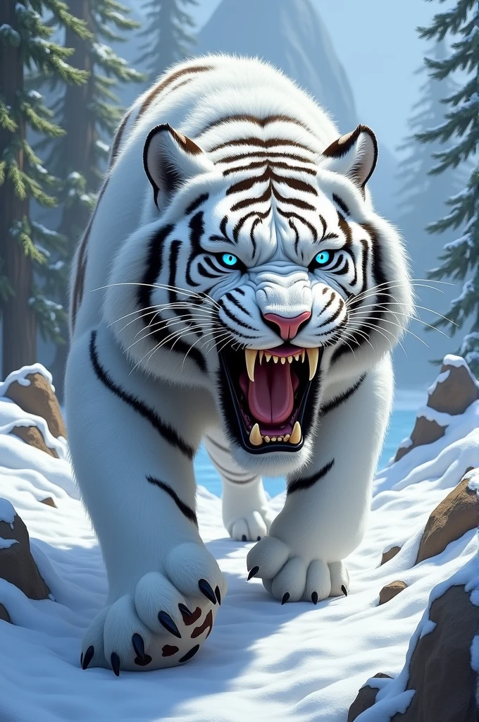 Make a angry face of a roaring white sabertooth (drawn)