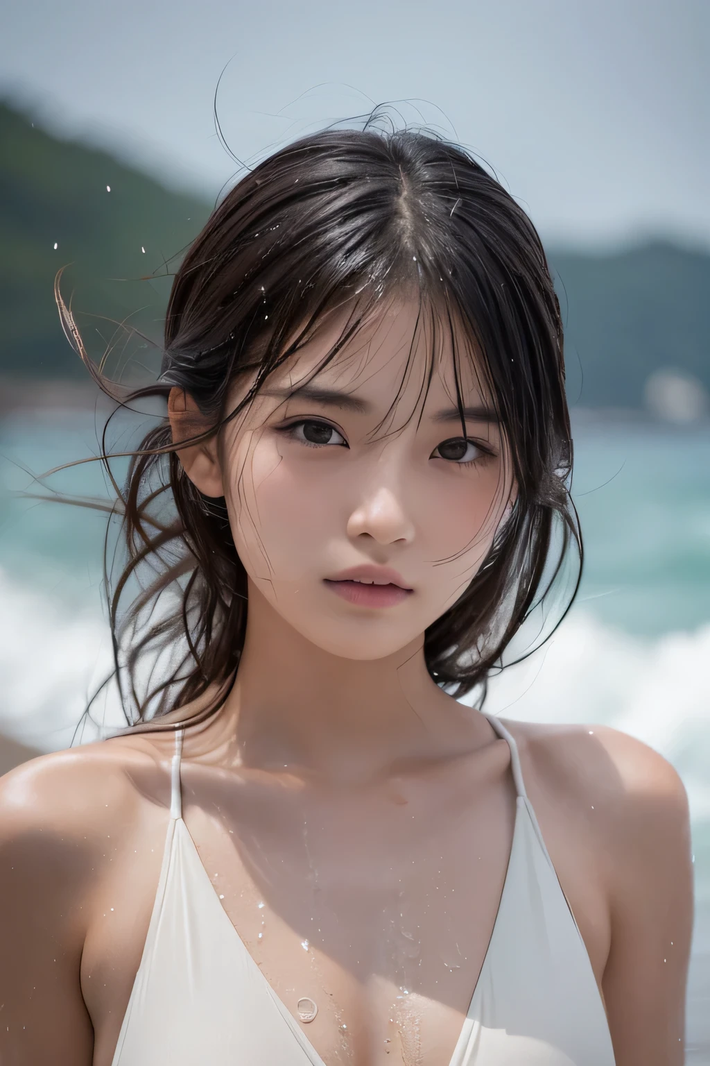 (Best Quality, 8k, 32k, Masterpiece, UHD: 1.2), Cute Japan Female Pictures, 1 Girl, (Big: 1.1), (Tall Women), (Slim Figure: 1.1), (Lips), (Medium Short Black Hair), Bikini and Wet White Shirt, Realistic Ray Light, Beach, Updo Hairstyle