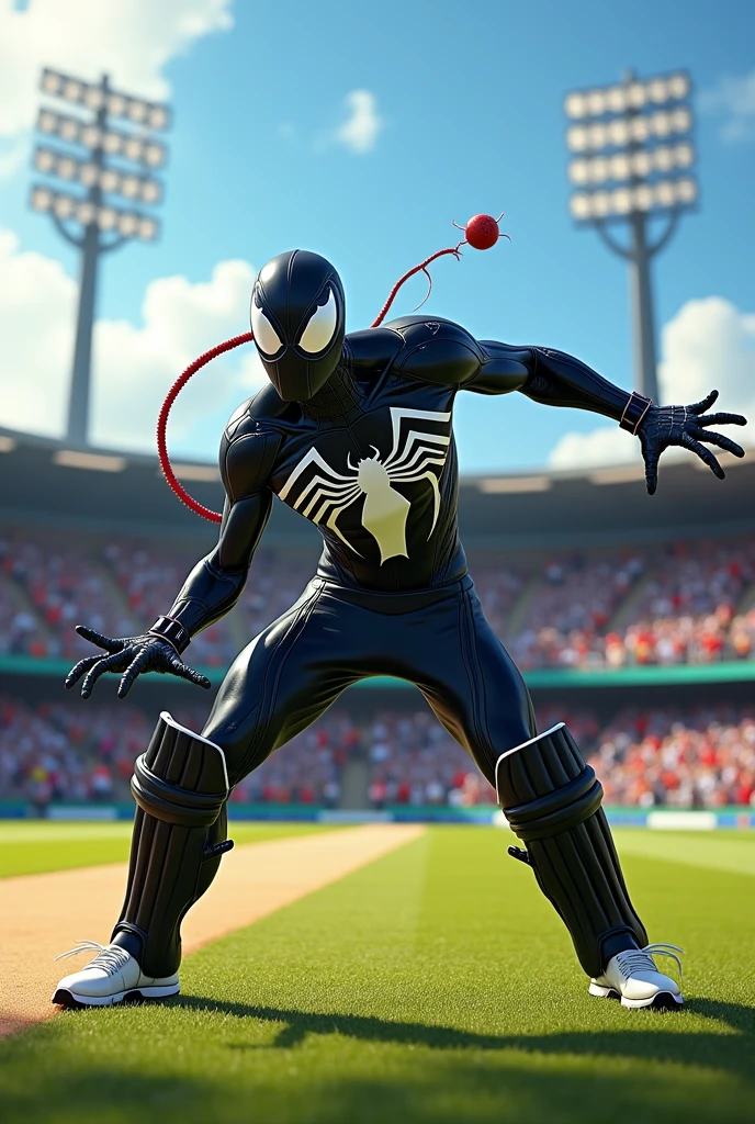 Black Spider Man Venom bowling in cricket stadium