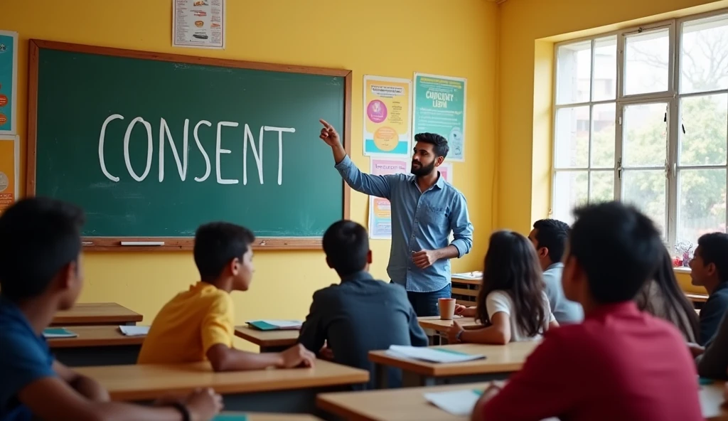 a school in south asian site,a brown male teacher standing and giving lecture with hand gesture, looking at the students,a group of students consisting 12-15 boys and girls but mostly boys,teaching a topic named “CONSENT”, topic name is written on the blackboard, nice classroom