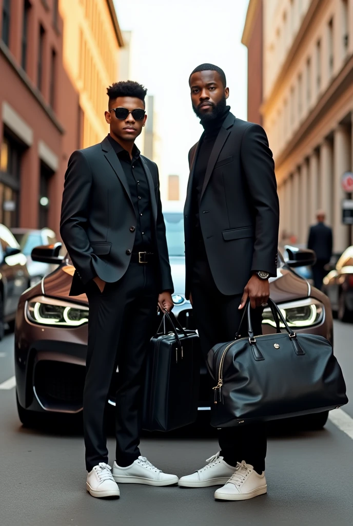 Two black Americans boys 26 yers old and 203 years old grabing a black bags and there suit is full black but the shoe is white they go outside to ride the BMW car