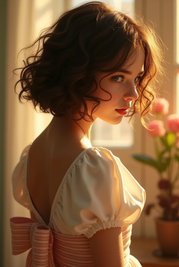 (photorealism:1.2), beautiful girl, . She has short, curly shoulder-length hair and a large bow in the back of her hair. Both cheeks are covered with hair. She has big breasts
