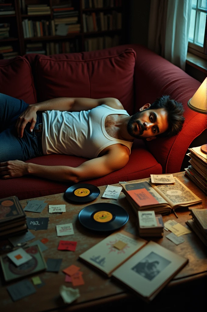 A young Indian man with beard lies on side on a worn-out red sofa in a dimly lit room. His right arm is stretched over a cluttered coffee table filled with remnants of a late-night session—books, vinyl records, empty plates, and scattered notes. The scene is chaotic yet intimate, capturing a moment of exhaustion and introspection. The dim light filters through the room, casting soft shadows that blend with the mess, creating a feeling of solitude. The man, dressed in a simple white tank top and dark pants, appears lost in a deep sleep or perhaps deep in thought, disconnected from the world around him. The overhead view gives a sense of distance, as if observing from above, adding to the overall mood of quiet contemplation." With full body 

