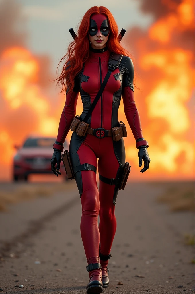 (full-body shot:1.7) Realistic images (Walking posture:1.7) Surrealism, photography, Long red hair, Miss, 24 years old, Hourglass figure, Perfect body, Flirty look, Natural medium breasts, Wearing a female Deadpool costume, Stay away from explosions in the background