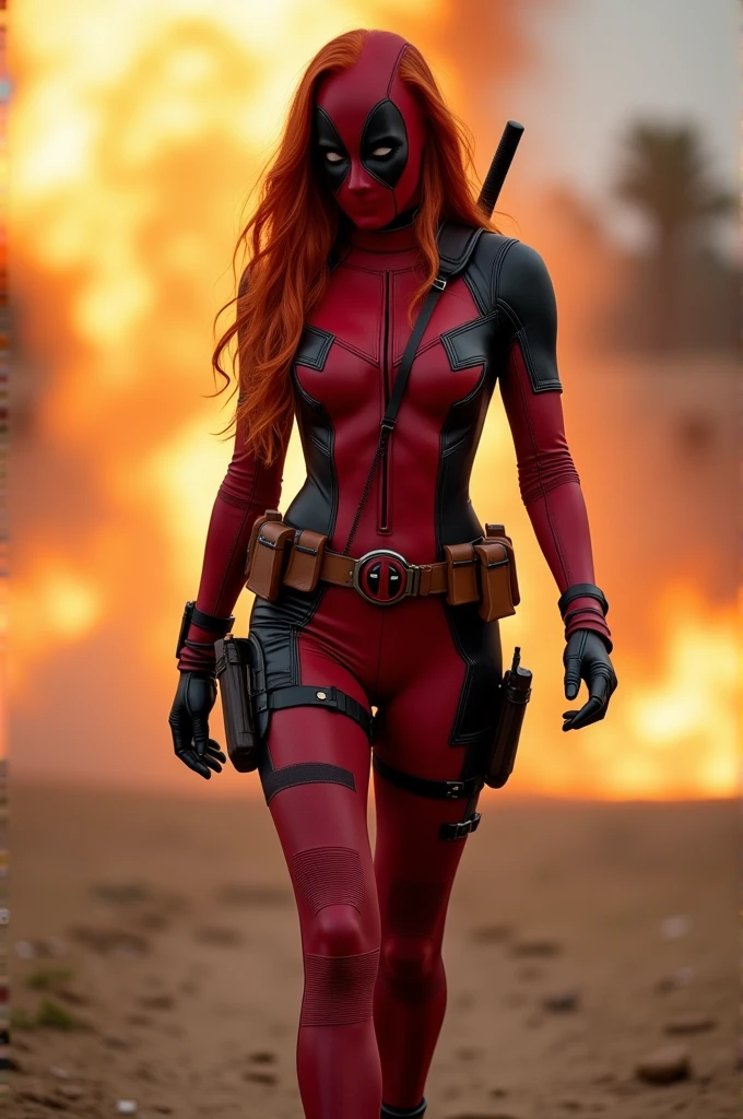 (full-body shot:1.7) Realistic images (Walking posture:1.7) Surrealism, photography, Long red hair, Miss, 24 years old, Hourglass figure, Perfect body, Flirty look, Natural medium breasts, Wearing a female Deadpool costume, Stay away from explosions in the background