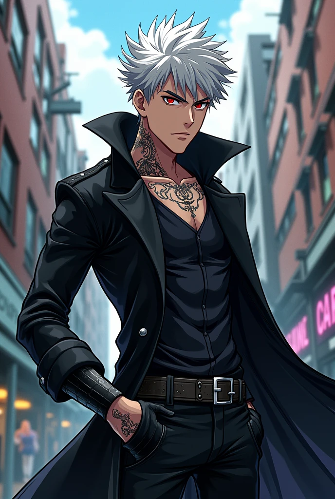 Create a my hero academia character,
This character is a young man. ,white hair color ,red eyes,her attire is a black trench coat,black gloves and tattoos on her neck