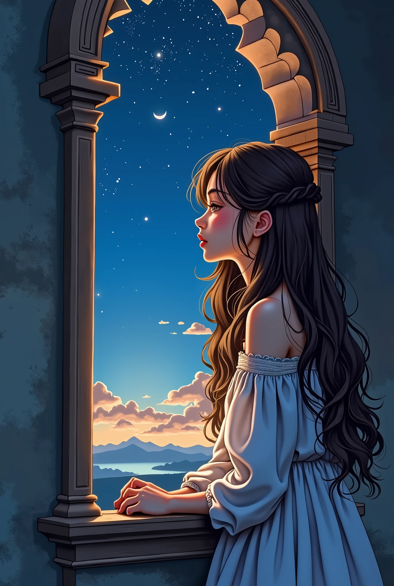 Highest quality, Manga-style profile, soft light, Night Ultra High Resolution, (Realistic:1.4), RAW Photos, A 20-year-old woman with long brown hair, alone, cute, A face full of sorrow, beautiful in every detail,Sitting by the window of a cute castle, at night, watching the night sky.