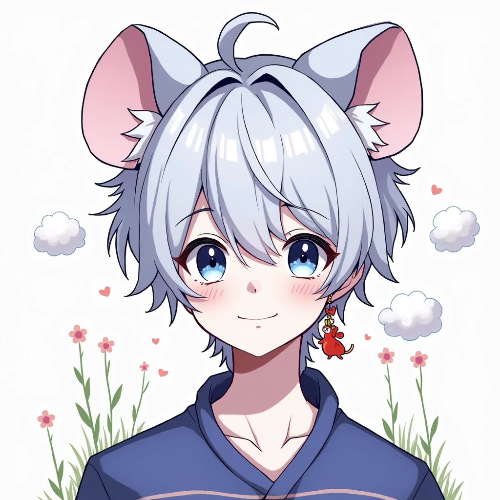 gray hair, boy,  Red pin earring rat 