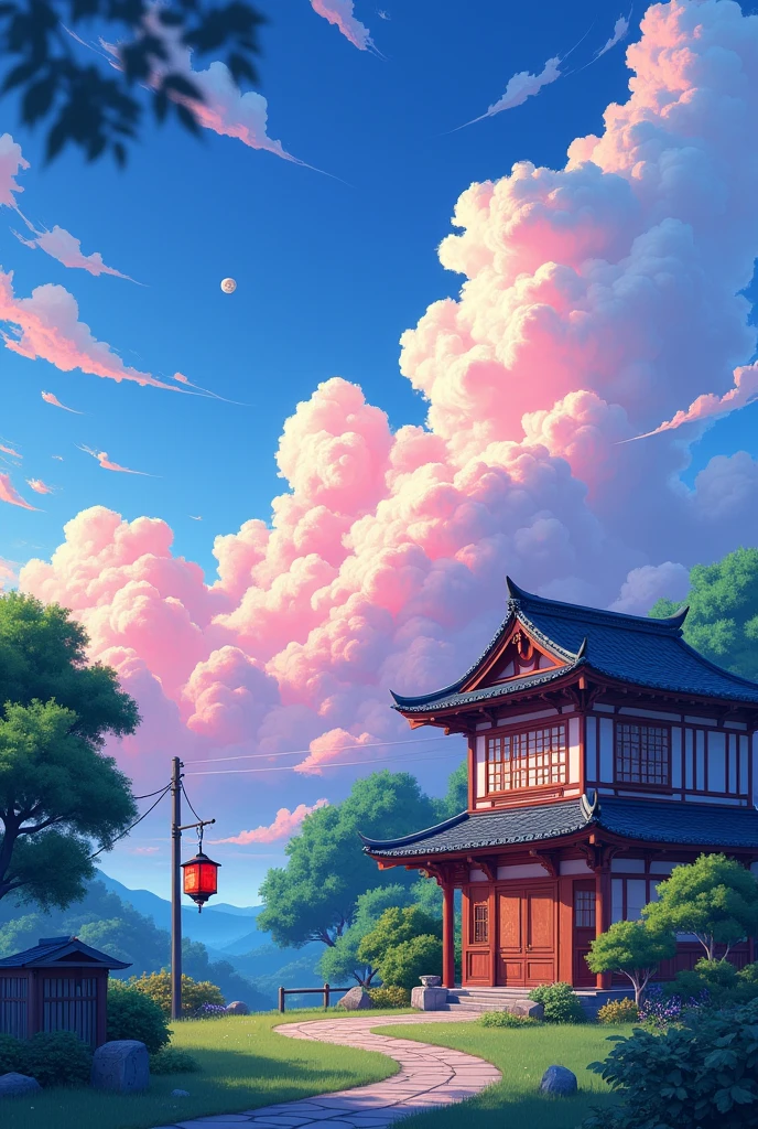 anime painting of a house with a red lantern in the front yard, anime background, anime background art, anime sky, background art, anime clouds, beautiful anime scene, anime atmospheric, amazing wallpaper, house background, anime vibes, anime movie background, anime wallpaper 4 k, anime wallpaper 4k, 4 k manga wallpaper, anime scenery