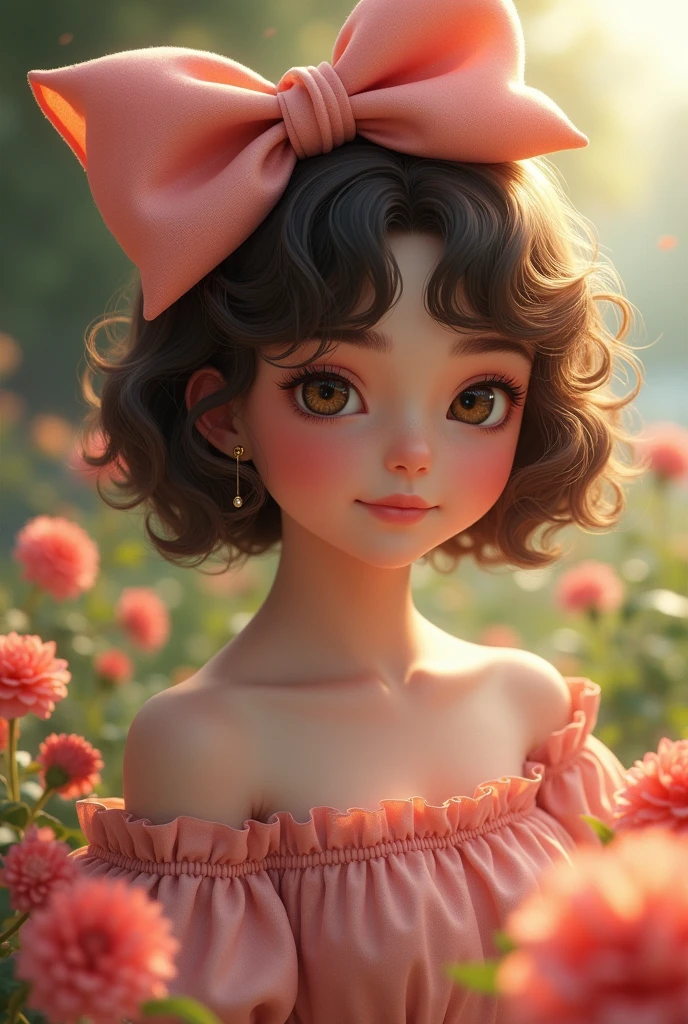 (photorealism:1.2), beautiful girl, . She has short, curly shoulder-length hair and a large bow in the back of her hair. Both cheeks are covered with hair. She has big breasts