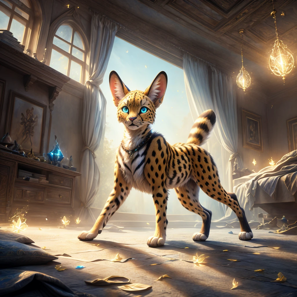a scared feral female serval with grey fur, yellow hairs, glowing blue eyes, standing on all fours, traces of magic floating around her, in a bedroom, best quality, 8k, highres, masterpiece, ultra-detailed, realistic, photorealistic, high quality, vivid colors, dramatic lighting, fantasy, surreal