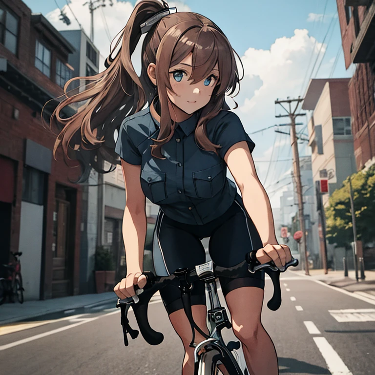 saratoga_kantaicollection, brown_hair, long_hair, ponytail, side_ponytail, hair_between_eyes, blue_eyes, breasts, sidelocks, pocket, breast_pocket, smokestack, 
KonishiCSA,(masterpiece:1.4),(best quality:1.4), (amazing), (great illustration:1.4), (ultra-detailed:1.4), (art CG, 8K),1girl solo,(full body:1.4),
(Riding a Bicycle:1.4),

