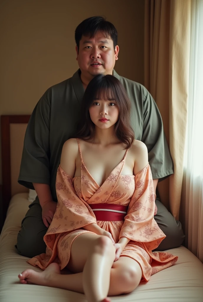 A photo of a woman on a futon in a narrow hotel room。A beautiful -teerl with a slim body and big eyes wearing off-shoulder YUKATA with small nipples is sitting facing forward with tears in her eyes、Surrender。A fat man with an excited face approaches her from behind and puts his hands inside her yukata to grab her small breasts.