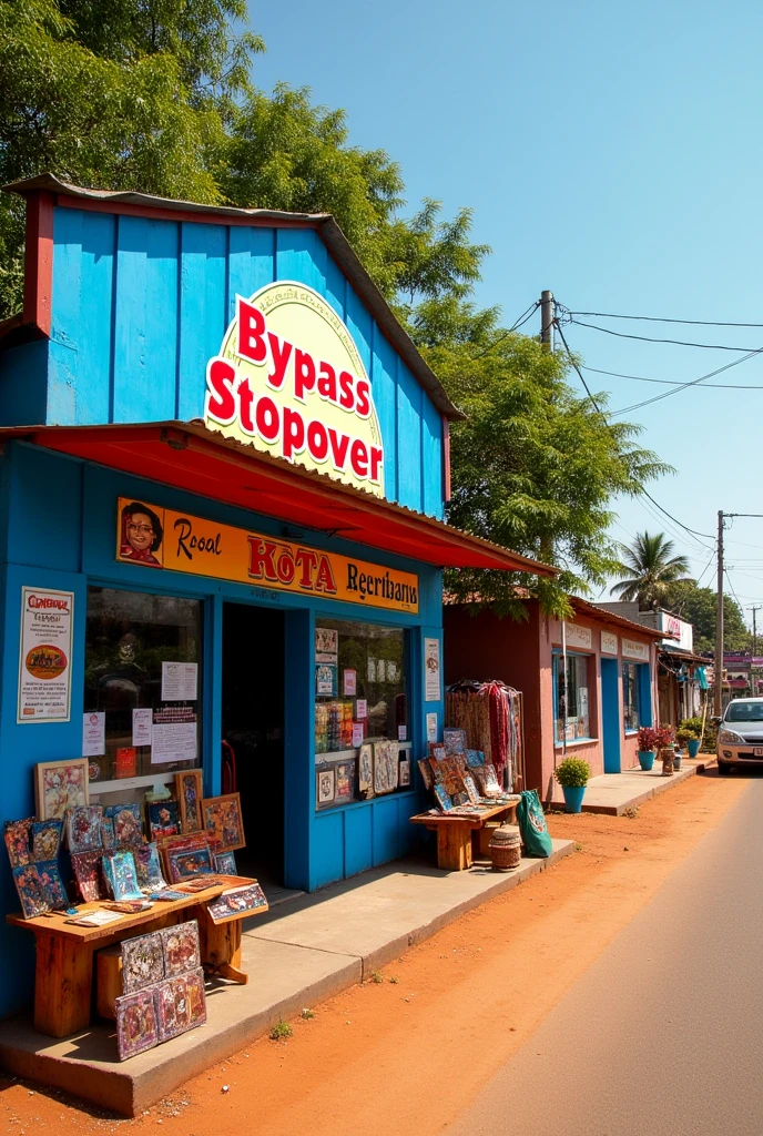 A Photo of a Kenyan local shop branded Bypass stopover next to a highway shop in blue and red
