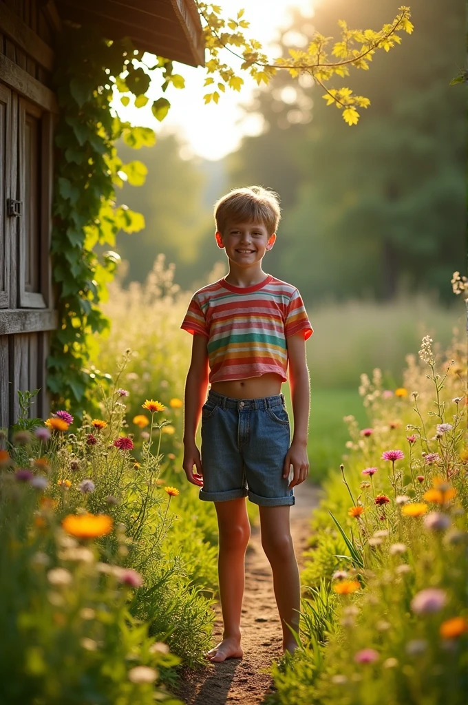 A boy 10– stands in an overgrown dacha, he is wearing a crop top and short shorts, he is barefoot, hot summer day at the dacha, dacha, Short top, crop-top, Short shorts, boy barefoot, bare feet