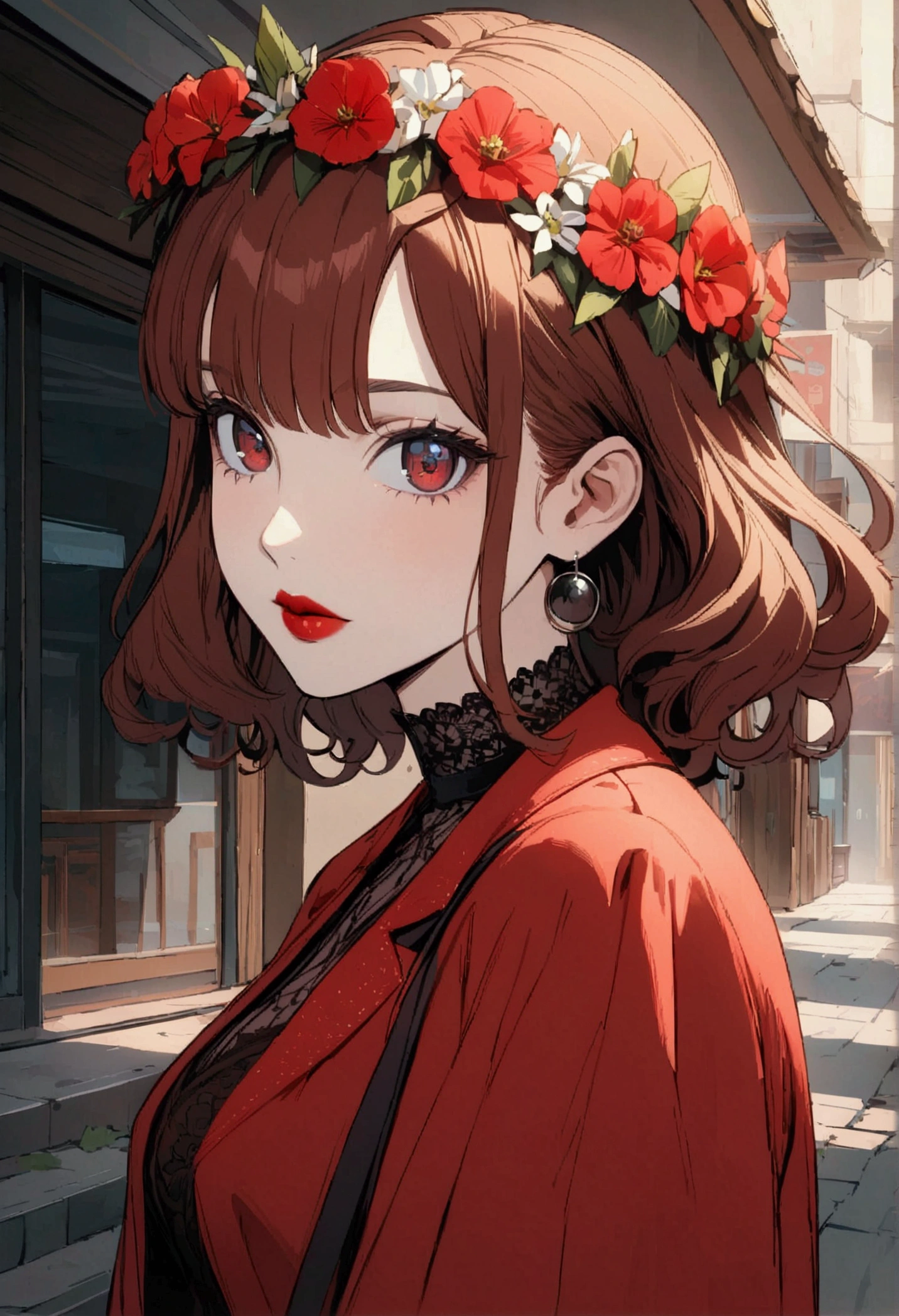 (masterpiece),(best quality:1.0), (ultra highres:1.0), detailed illustration, 8k, anime, 1girl, beautiful anime girl, wearing a red dress, flower crown, pretty face, detailed face, beautiful eyes, detailed eyes, dark red eyes, bright red lips, red lipstick, beautiful stylish hair, highlights in hair, bangs anime style, best quality, vibrant
