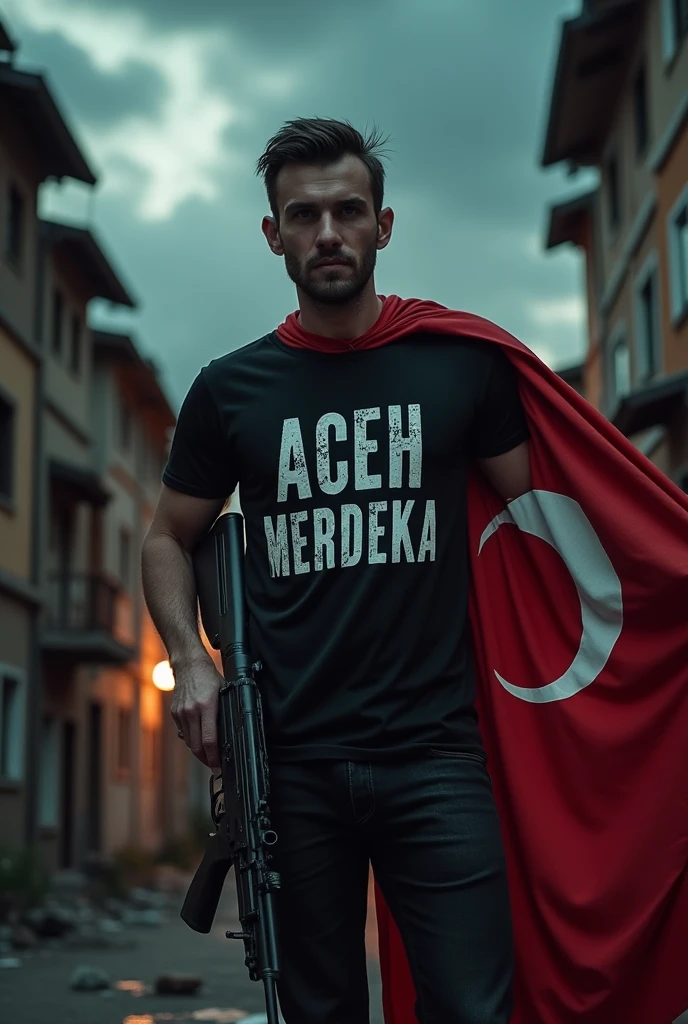 A psychopath holding an AK-47 and a Turkish flag, with 'ACEH MERDEKA' written on his shirt.