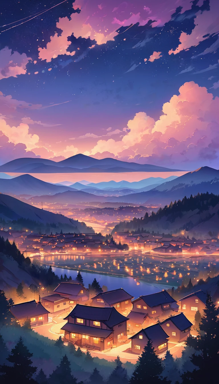 Background: An anime-style night scene of a serene town nestled between hills and mountains. The sky is a gradient of deep blues transitioning into warm purples and pinks, capturing the moments just after sunset. Soft, glowing clouds and emerging stars add a magical touch.
Sky and Clouds: The sky, occupying the upper half of the image, features a gradient from deep blue to warm hues. Soft, cotton-like clouds in pink and orange contrast with the deepening night sky, while stars begin to twinkle, enhancing the serene atmosphere.
Foreground Elements: Silhouettes of tall trees and power lines frame the scene, leading the eye from the foreground to the illuminated town below. A small house with a warmly lit window adds a focal point, emphasizing the coziness and tranquility of the scene.
Townscape: The town below is softly lit with clusters of houses and buildings glowing warmly under the evening sky. The lights contrast with the cool tones of the sky, creating depth and perspective. Distant hills and mountains are silhouetted against the sky, adding scale and a sense of calm.
Additional Effects: Soft, dreamy brushstrokes render the clouds and sky with a painterly effect. The warm glow of the town lights subtly reflects in the landscape, enhancing the inviting atmosphere. The balance of warm and cool tones creates a harmonious, captivating palette.
Colors: A mix of deep blues and purples for the sky, with warm pinks, oranges, and golds for the clouds and town lights. This color palette is visually striking and calming, evoking feelings of tranquility and reflection.