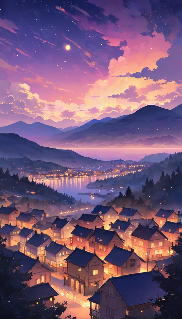 Background: An anime-style night scene of a serene town nestled between hills and mountains. The sky is a gradient of deep blues transitioning into warm purples and pinks, capturing the moments just after sunset. Soft, glowing clouds and emerging stars add a magical touch.
Sky and Clouds: The sky, occupying the upper half of the image, features a gradient from deep blue to warm hues. Soft, cotton-like clouds in pink and orange contrast with the deepening night sky, while stars begin to twinkle, enhancing the serene atmosphere.
Foreground Elements: Silhouettes of tall trees and power lines frame the scene, leading the eye from the foreground to the illuminated town below. A small house with a warmly lit window adds a focal point, emphasizing the coziness and tranquility of the scene.
Townscape: The town below is softly lit with clusters of houses and buildings glowing warmly under the evening sky. The lights contrast with the cool tones of the sky, creating depth and perspective. Distant hills and mountains are silhouetted against the sky, adding scale and a sense of calm.
Additional Effects: Soft, dreamy brushstrokes render the clouds and sky with a painterly effect. The warm glow of the town lights subtly reflects in the landscape, enhancing the inviting atmosphere. The balance of warm and cool tones creates a harmonious, captivating palette.
Colors: A mix of deep blues and purples for the sky, with warm pinks, oranges, and golds for the clouds and town lights. This color palette is visually striking and calming, evoking feelings of tranquility and reflection.