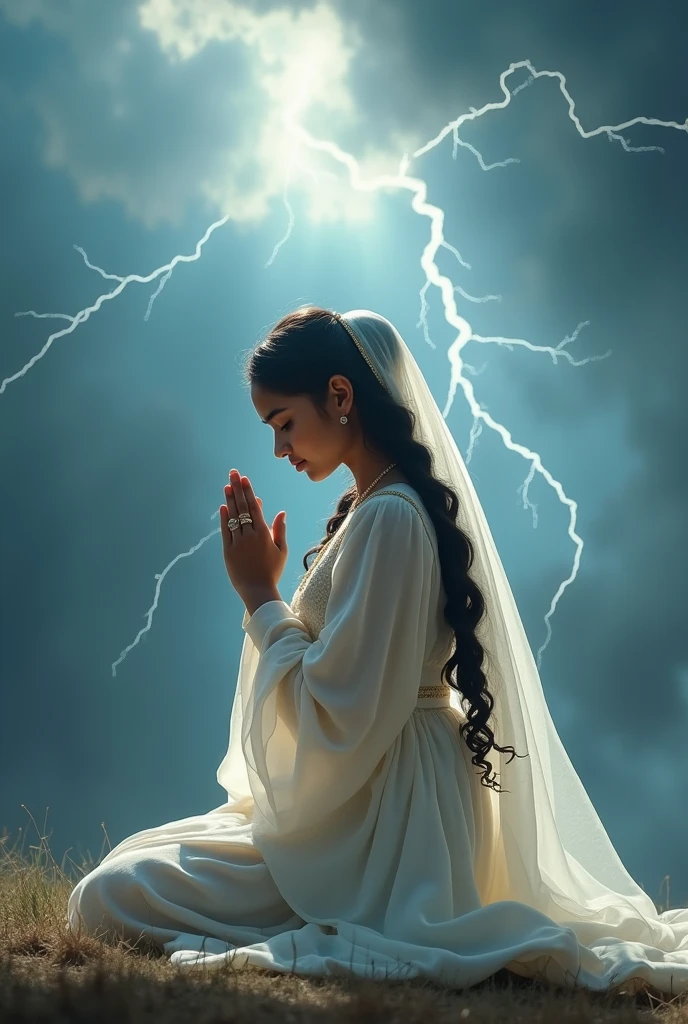 A beautiful white young Indian girl aged 20 years wearing white punjabi dress with very long thick black hair braided and her head covered with veil praying to God on her knees with her hands and God is consoling her with his hand on her shoulder with a background of  clouds shining with thunders 