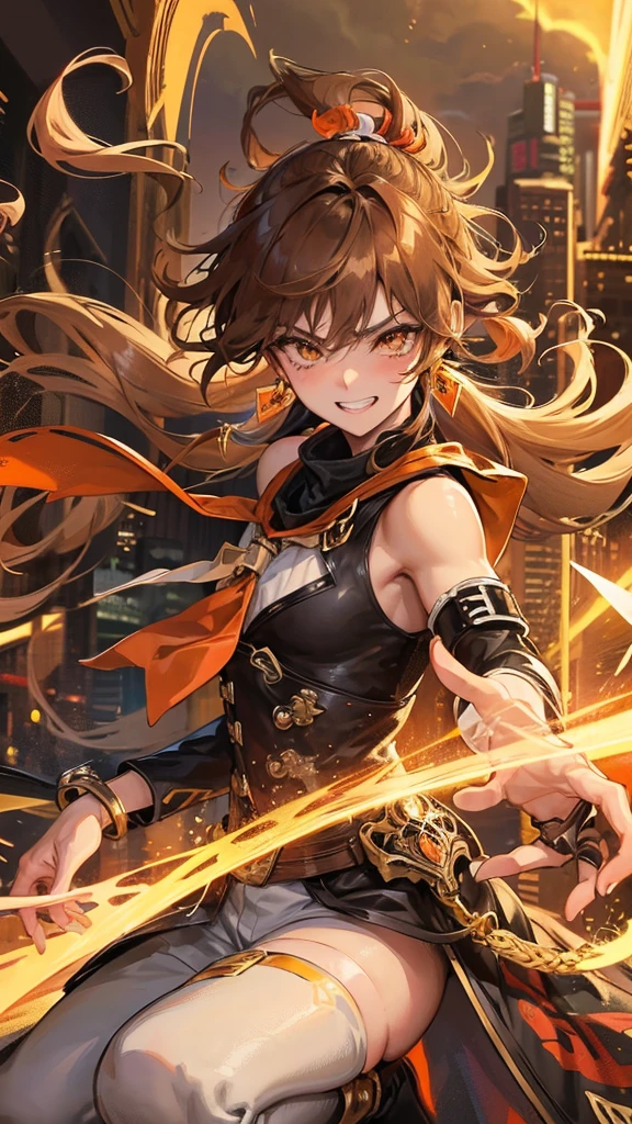 1 boy, anime, high quality, intricate details, futuristic setting, cowboy aesthetic, fluffy hair, messy hair, light brown hair, ombré hair, orange eyes, shiba ears, shiba aesthetic, androgynous, muscular, red neckerchief, shiba tail, grinning, excited, city setting, blushing, earrings, bracelets