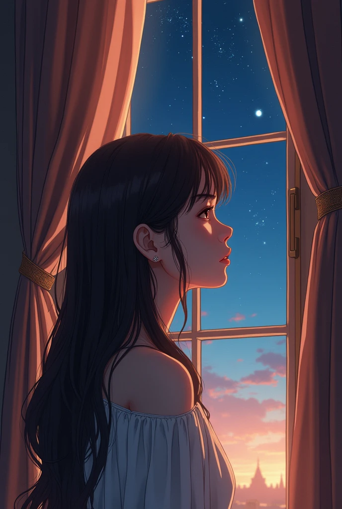 Highest quality, Manga-style profile, soft light, Night Ultra High Resolution, (Realistic:1.4), RAW Photos, A 20-year-old woman with long brown hair, alone, cute, A face full of sorrow, beautiful in every detail,Cute castle window big window curtain sitting by the window night night sky looking at the sky 
