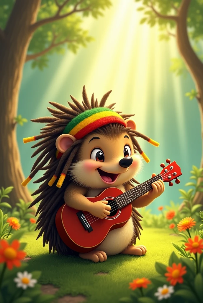 A funny Rastafarian hedgehog plays reggae on the ukulele, Forest glade, the lights of a sun, Beautiful, close up, blurred background, cartoon, masterfully