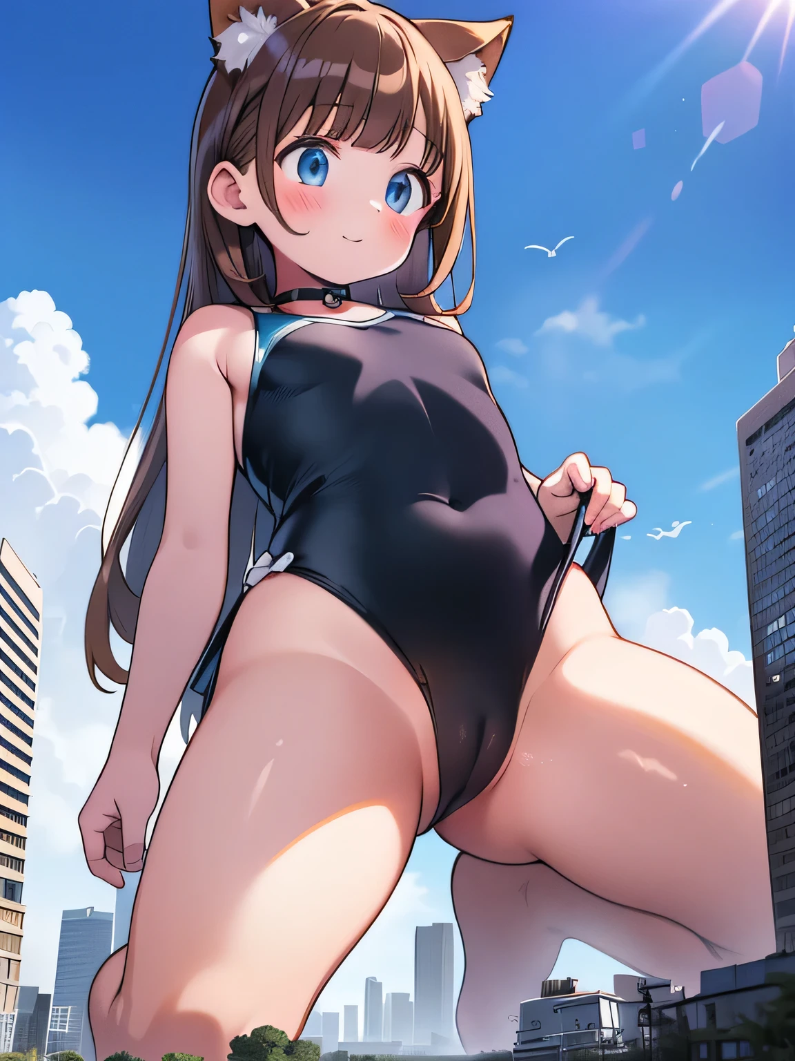 1 girl,Blushing,embarrased, sitting, (((female giant))),Giantess art, Giantess, The girl is 50 meters tall,((Full body shot)), ((Cute anime girl)), ((Cute catgirl)), ((Cat ears)), (((One-piece blue swimsuit))), ((Tight Swimsuit)), ((cameltoe)), 1 anime girl, ((Brown hair)), sitting in the middle of a modern miniature city, towering over buildings, ((Sitting over)), ((looking at viewer)), ((front footage)), ((perfect legs)), ((thick thighs)), squatting over modern miniature city,in the middle of a tiny miniature city, a girl taller than buildings, sitting between buildings, ((tiny people under her))