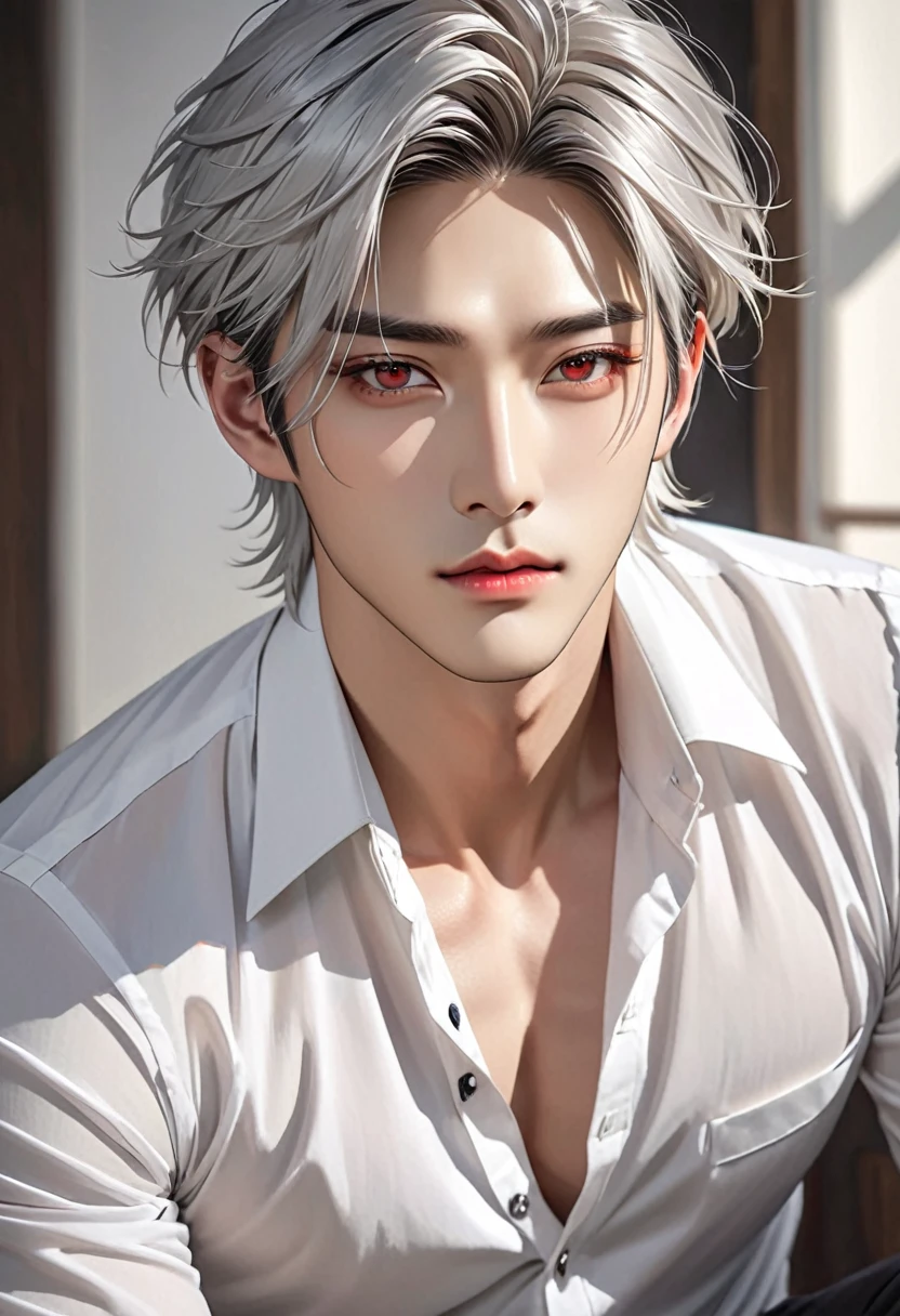 best quality, masterpiece, extremely detailed, extremely handsome, masculine male, fair skin, 27 year old korean man, sharp angled facial features, red eyes, silver middle parting hair, unbuttoned white shirt,