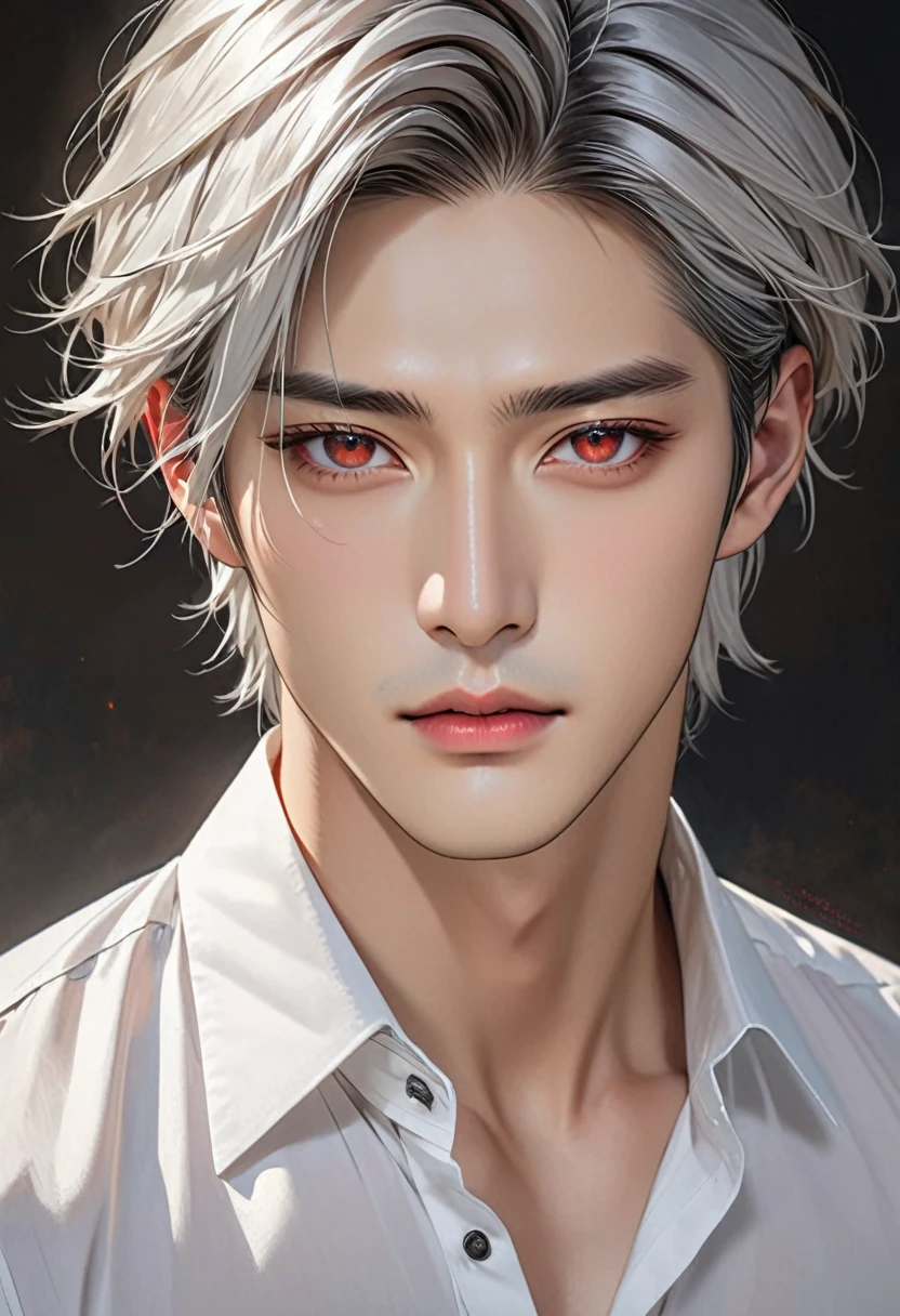 best quality, masterpiece, extremely detailed, extremely handsome, masculine male, fair skin, 27 year old korean man, sharp angled facial features, red eyes, silver middle parting hair, unbuttoned white shirt,