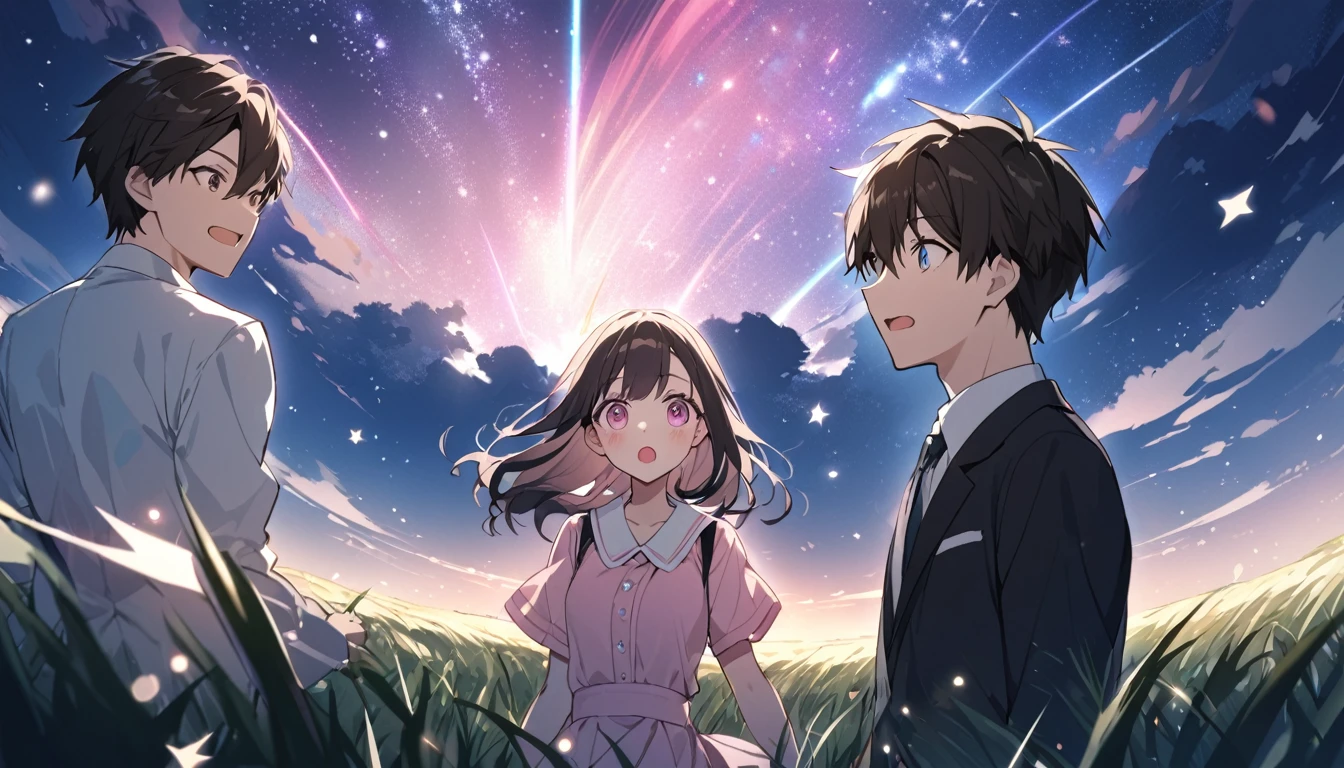good looking, 2 high school students, Date,1 male, 1 female,Dark brown hair, Pink highlights on the tip, Pale pink eyes,A vast night sky with twinkling stars,A vast grassland,Surprised expression