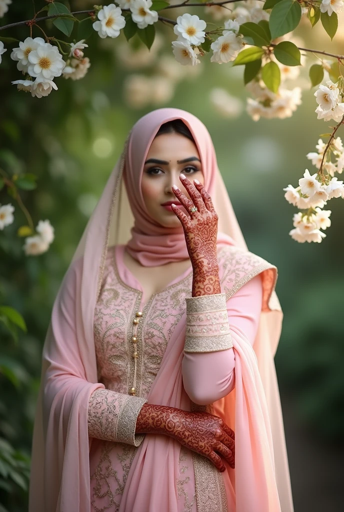 A muslim bride pink saree hide face hand cover photoshoot