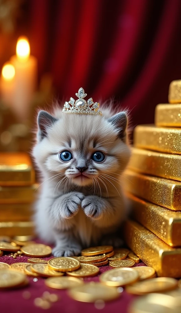 Cute miniature kitten, surrounded by huge collections of gold bars,gold coins, wearing diamond tiara.