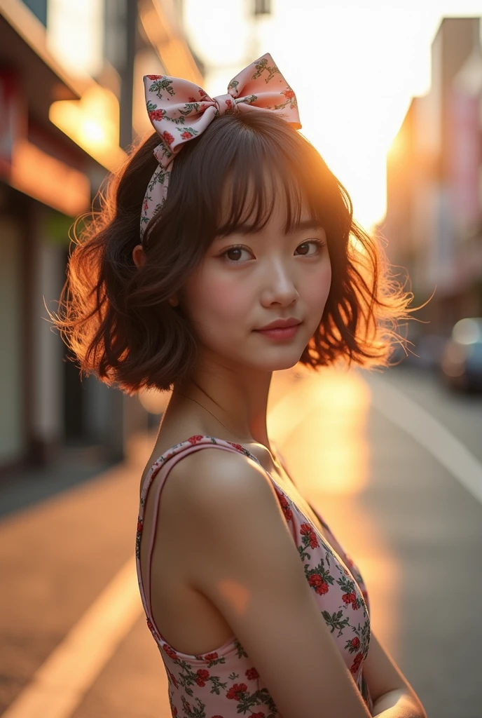 (photorealism:1.2), beautiful girl, Japanese girl, 18 years old. She has short, curly shoulder-length hair and a large bow in the back of her hair. Both cheeks are covered with hair. She has very big breasts