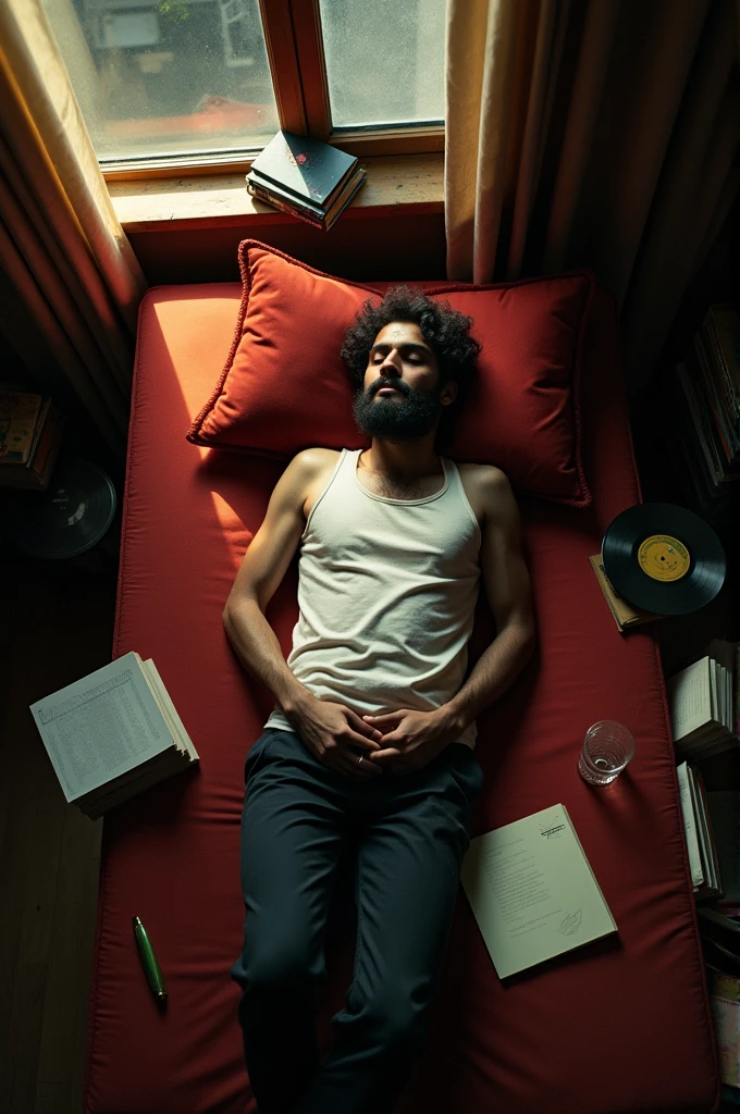 A young Indian man with beard lies sprawled on a worn-out red sofa in a dimly lit room. His right arm is stretched over a cluttered coffee table filled with remnants of a late-night session—books, vinyl records, empty plates, and scattered notes. The scene is chaotic yet intimate, capturing a moment of exhaustion and introspection. The dim light filters through the room, casting soft shadows that blend with the mess, creating a feeling of solitude. The man, dressed in a simple white tank top and dark pants, appears lost in a deep sleep or perhaps deep in thought, disconnected from the world around him. The overhead view gives a sense of distance, as if observing from above, adding to the overall mood of quiet contemplation."