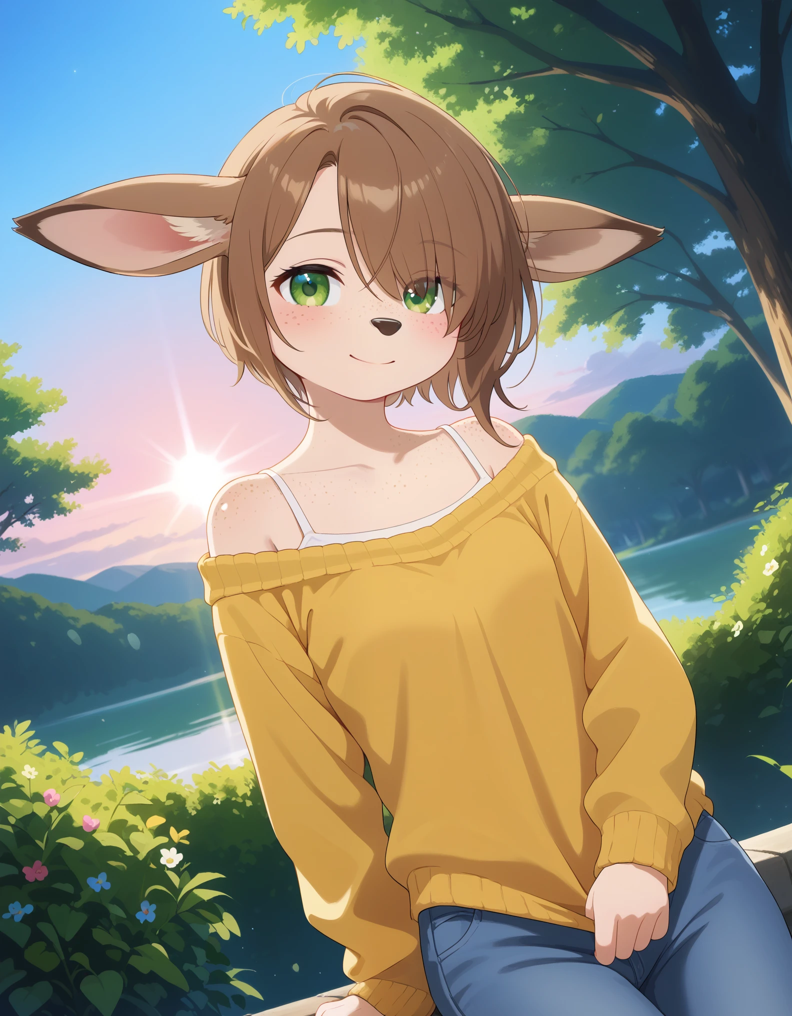 Solo, 1girl, female, adult, lotte, deer girl, furry female, body fur, animal nose, snout, animal ears, green eyes, brown hair, short hair, freckles, cute face, perfect anatomy, detailed skin, detailed eyes, perfect hands, perfect face, small breast, hair over one eye, BREAK sweater, long sleeves, off-shoulder shirt, pants, BREAK outdoors, park, colorful, sunset, looking at viewer, dutch angle, BREAK ((ultra-detailed)), ((best quality)), ((best quality)), ((beautiful eyes)), ((extremely detailed)), 4K, (8K), best quality, (beautiful), Master piece, highres, score_9, score_8_up, score_7_up, colorful, best quality, official art, highres, masterpiece, nai3, god light, detailed background, high quality background, very aesthetic, absurdres,