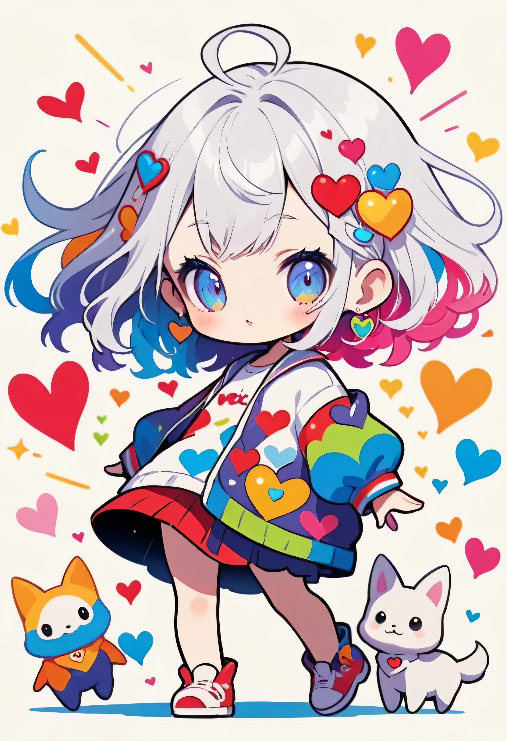 Ultra-realism Hayao Miyazaki colorful style, Simple Line Initialism，Abstract art，(((The most beautiful girl of all time))), chibi, Sweet face. Lips in love, colorful hearts, stylish design, 夏のスポーツファッション, 黒い瞳, Walking