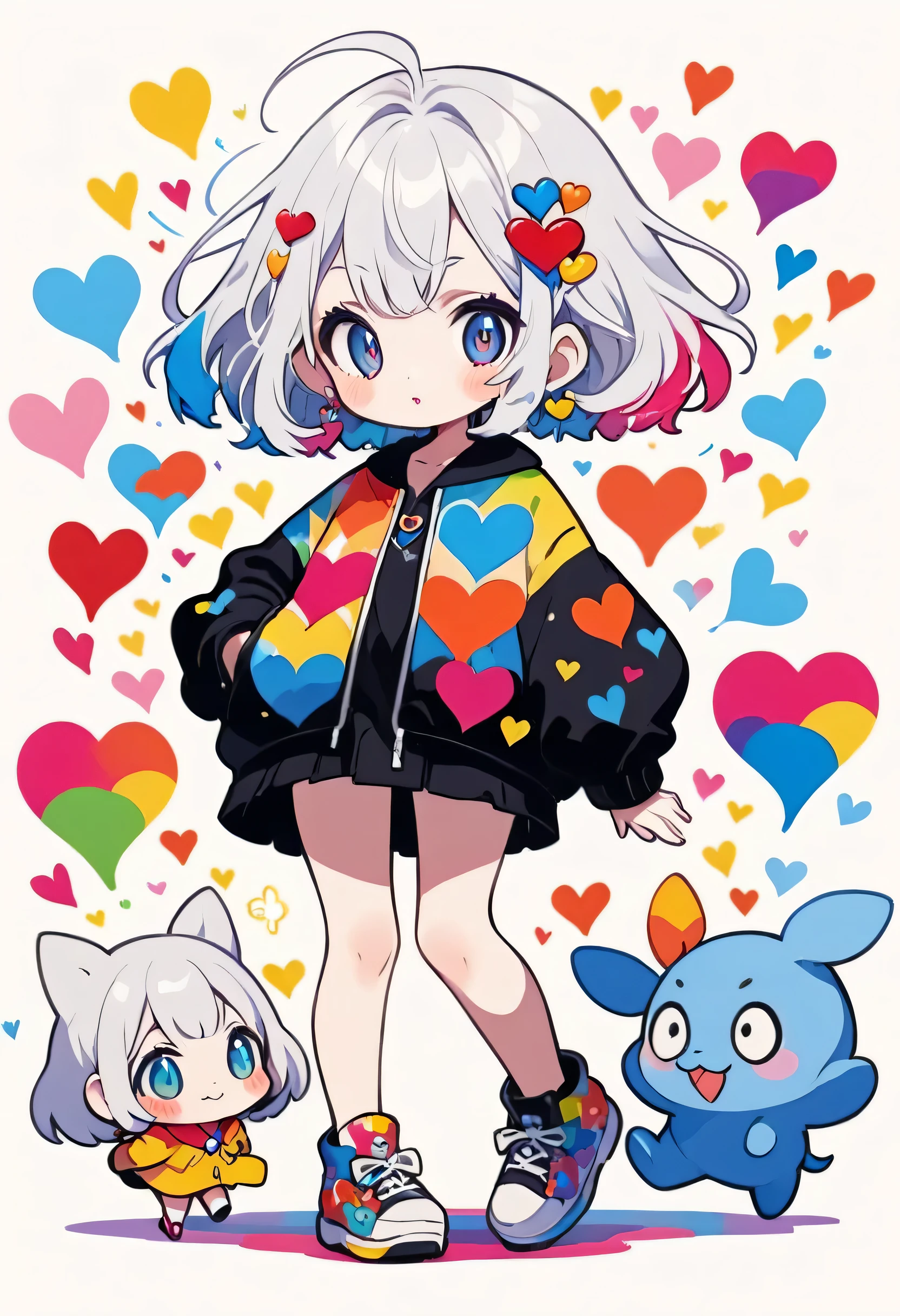 Ultra-realism Hayao Miyazaki colorful style, Simple Line Initialism,Abstract art,(((The most beautiful girl of all time))), chibi, Sweet face. Lips in love, colorful hearts, stylish design, 夏のスポーツファッション, 黒い瞳, Walking