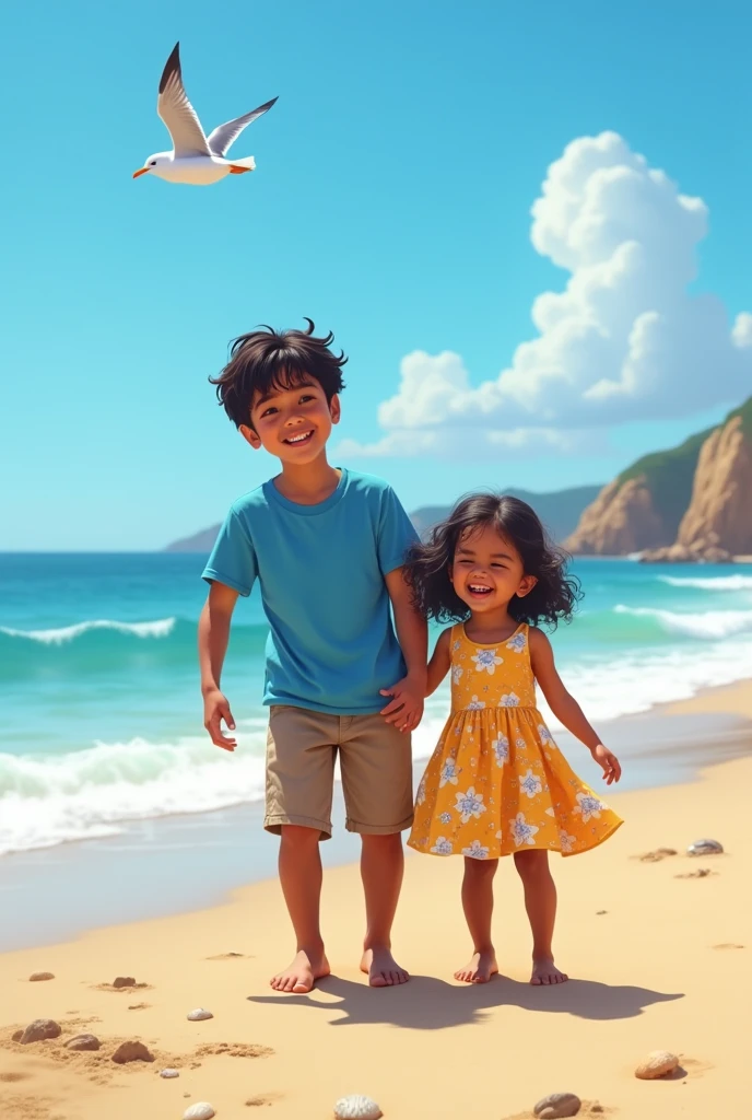 A indian brother and sister standing on a beach a realistic