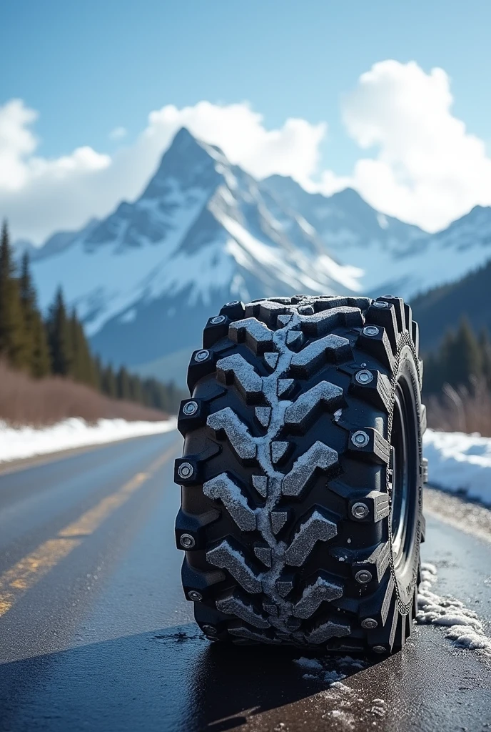 Winter studded tire on an asphalt country road near a mountain with a snow slope