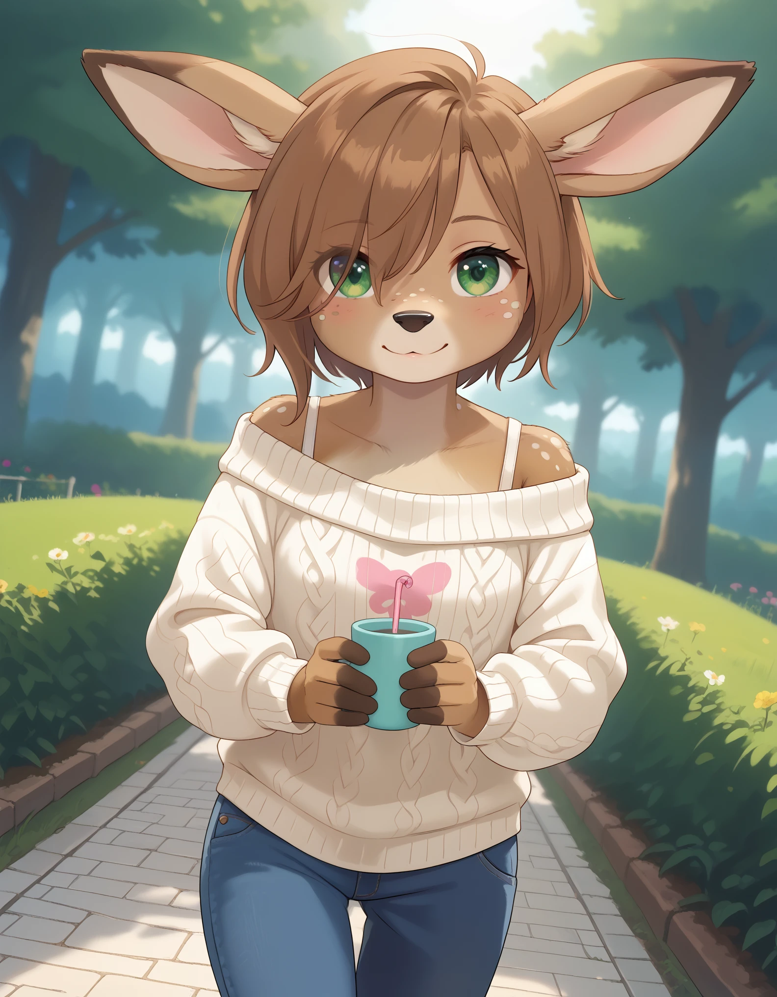 Solo, 1girl, female, adult, lotte, deer girl, furry female, body fur, animal nose, snout, animal ears, green eyes, brown hair, short hair, freckles, cute face, perfect anatomy, detailed skin, detailed eyes, perfect hands, perfect face, small breast, hair over one eye, BREAK sweater, long sleeves, off-shoulder shirt, pants, BREAK outdoors, park, colorful, sunset, looking at viewer, dutch angle, BREAK ((ultra-detailed)), ((best quality)), ((best quality)), ((beautiful eyes)), ((extremely detailed)), 4K, (8K), best quality, (beautiful), Master piece, highres, score_9, score_8_up, score_7_up, colorful, best quality, official art, highres, masterpiece, nai3, god light, detailed background, high quality background, very aesthetic, absurdres,