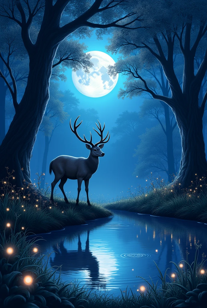 a beautiful nature in night time with a deer drinking in water