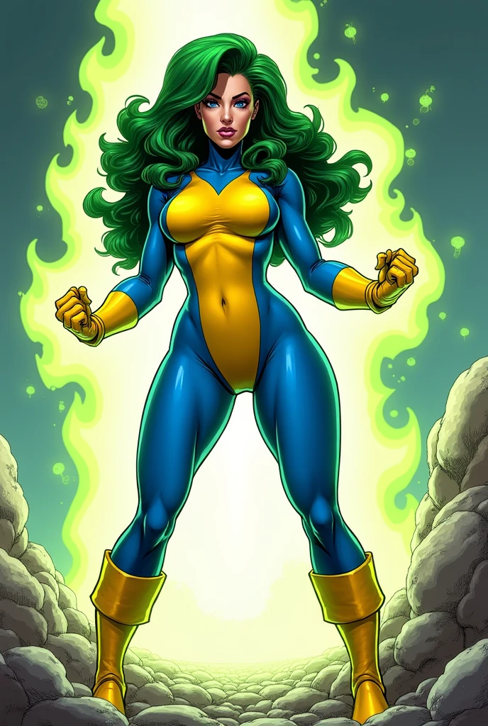 Lorna Dane, polaris x-men, (busty and voluptuous body), (arms naked:1.3), (green thick wavy long hair:1.4), (huge breast:1.6), wearing a blue costume big yellow in the chest and stomach, with yellow xmen belt, yellow glowes, yellow boots, (screenshot of a beat em up videogame), (she's surrounded by a green energy:1.5), (comic style:1.4)