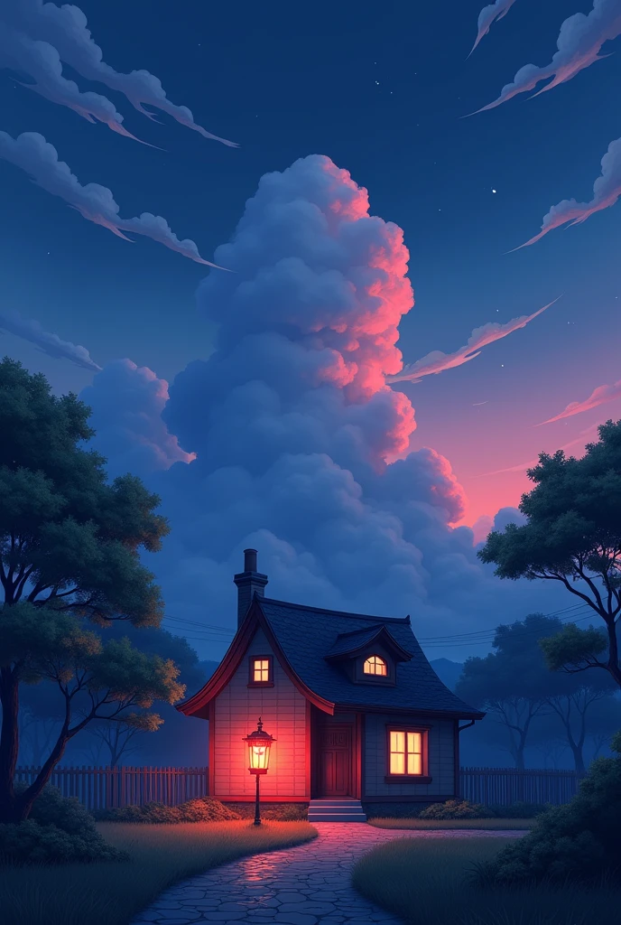 anime painting of a house with a red lantern in the front yard, anime background, anime background art, anime sky, background art, anime clouds, beautiful anime scene, anime atmospheric, amazing wallpaper, house background, anime vibes, anime movie background, anime wallpaper 4 k, anime wallpaper 4k, 4 k manga wallpaper, anime scenery with dark color grading