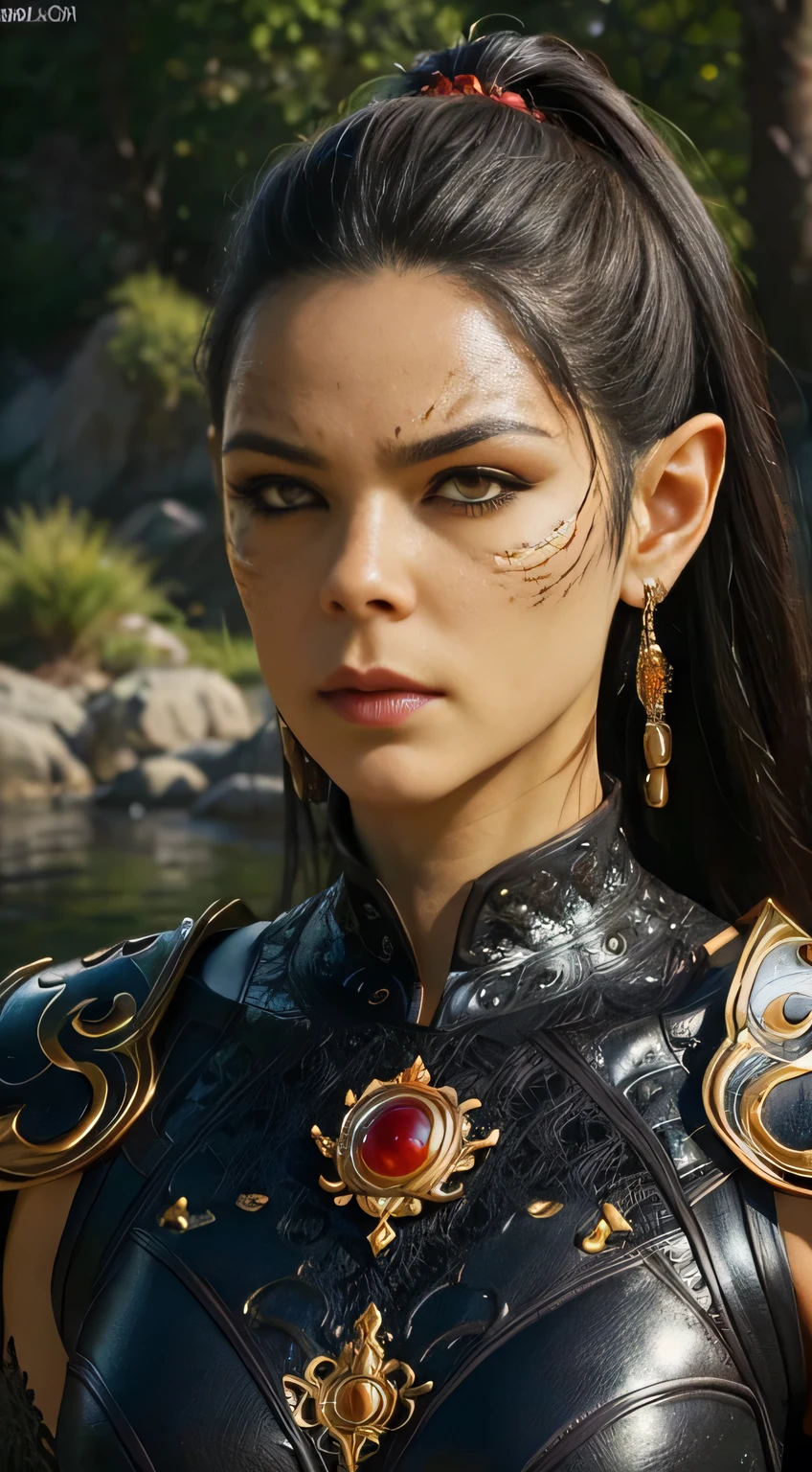 Black dragon, orange eyes, small river, highly detailed face and eyes, sunlight, midday, best quality, masterpiece, realistic, anatomically correct, stunning details, intricate details, 8k post-production, high resolution, super details, trending on ArtStation, sharp focus, depth of field f/1.8, studio photos